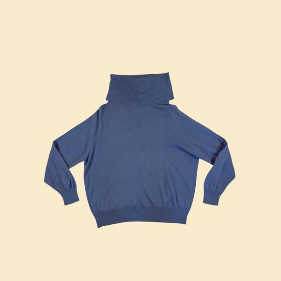 70s/80s Ellen B turtleneck pullover, size 44 vintage blue knit shirtsweater - Picture 2 of 8
